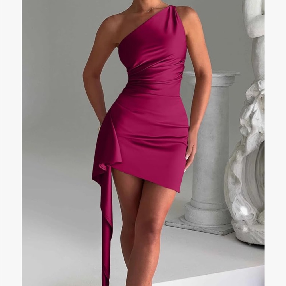 Chic One-Shoulder Magenta Dress - Picture 3 of 10